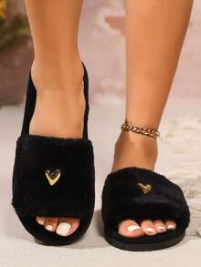Dép lê nữ đơn giản thời trang họa tiết trái tim, lót lông mềm mại, hở mũi, thoải mái cho phòng ngủ và phòng khách, thích hợp cho mùa xuân/thu. - màu đen - Xem 4