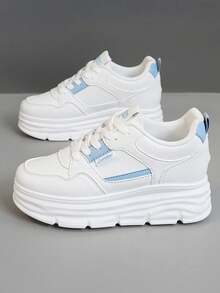 1 Pair Women's Casual Thick Sole Platform Sneakers, Fashionable Appearance, Lace-Up Closure, 5cm Height Increase, Suitable For Petite Women - White and Blue - View 5