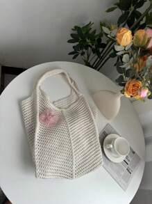 Summer Beach Hollow Woven Tote Bag, Foldable Design, Oversized Women's Handbag, Beach Bag; New Fashionable Floral Embroidery Shoulder Bag Suitable For Summer Beach, Vacation, Valentine's Day