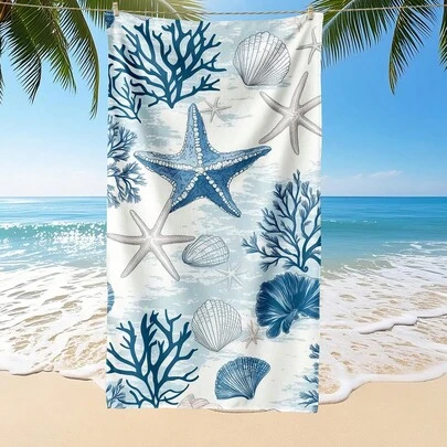 1条印花沙滩巾，蓝色贝壳和珊瑚图案，时尚百搭，超强吸水，适用于浴室、游泳、健身、瑜伽等多种场合。柔软舒适的超细纤维材质，轻便易携，防风、防晒、防沙，适合夏季旅行、度假和浴室装饰。可选带或不带收纳袋。建议选择常规尺寸或加大尺寸（小号尺寸为35*75厘米，建议选择150厘米或以上）。