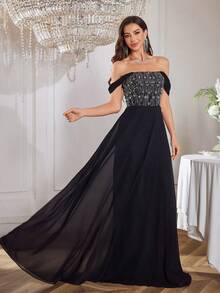 Women's Rhinestone Splice Halter Backless Chiffon Dress, Elegant Evening Gown - Black - View 6