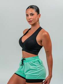 Women's Double Gym Shorts With Internal Cell Phone Pocket, Towel/T-Shirt Holder, Dryfit Perforated Fabric - 綠色 - 查看 3