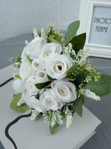 1 Stück neue künstliche weiße Rose mit Geldpflanze Blatt Bouquet, Hochzeitsdekoration, geeignet für Hochzeitsfotografie, Wohnzimmerdekoration, Brautstraußaccessoire