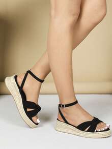 Giày sandal đế xuồng thời trang cho nữ, giày đế xuồng đế xuồng giả da lộn gợi cảm, quai chéo, đế xuồng đế bằng, màu trơn, phong cách ngoài trời mùa hè, giày sandal hở mũi và gót màu đen vừa vặn - màu đen - Xem 5