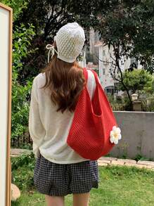 Summer Crochet Knitted Bag, Large Capacity Portable Tote Bag, Casual Handbag For Women, Beach Bag Suitable For Leisure, Travel, Vacation And Daily Outfit