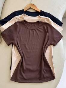 Kit 3 Blusas Feminina Caneladinha Camiseta Baby Tee Manga Curta Básica Babylook Cores Tendencia 2025
