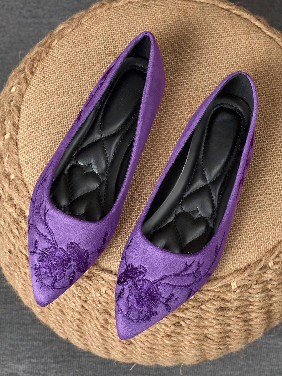 WHDXY 1 Pair Women's New Chinese Style Embroidered Flats, Comfortable Office Work Shoes, Non-Slip Soft Bottom Leather Shoes, Suitable For Flight Attendant, Professional Wear - Màu tím - Xem 1