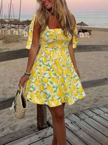 Vestidos de moda elegantes y casuales de estilo resort para mujer en primavera y verano con diseño de estampado de limón, sin tirantes, con nudo, sin mangas, escote halter y línea A, en mini longitud