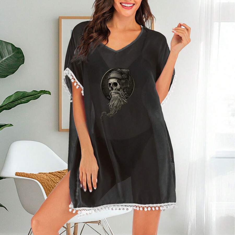 Vestido de traje de baño tipo pareo de mujer con diseño vintage de calavera vikinga con barba y auriculares para uso en la playa - Negro - Ver 1