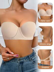 Beige Smooth Underwire Bra With Half Cup, Comfortable Women's Lingerie With Supportive Underwire And Stylish Back Design