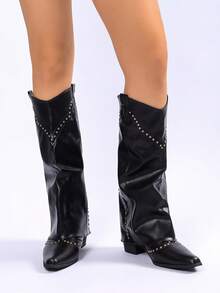 Botas altas con remaches en estilo retro, botas vaqueras occidentales estilo francés versátiles con tacón grueso para mujeres, adecuadas para personas de baja estatura