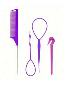 4pcs Hair Styling Tool Set, Includes 2 French Braiding Rings, 1 Tail Comb, And 1 Hair Tie Cutter - Multicolor - View 4