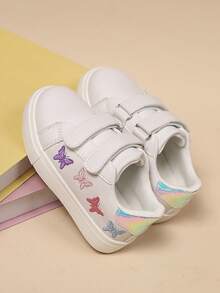 Kids Butterfly Embroidered Anti-Slip Soft Bottom Hook And Loop Casual Sports Shoes, Suitable For Students All Season - White - View 5