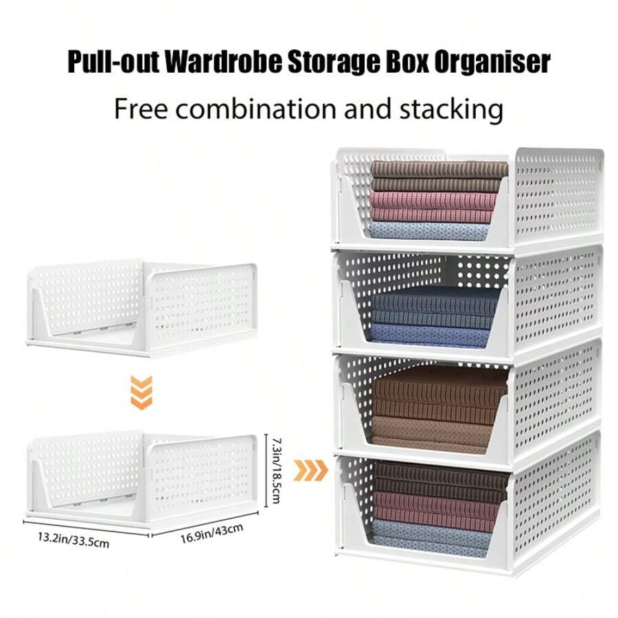 Royalswill Stackable Folding Wardrobe Storage Boxes, Set Of 4 Organisers, Can Be Pulled Out Of The Cupboard To Use, Suitable For Home, Bedroom, Kitchen, Easy To Open And Collapse - White - View 1