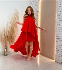 Elegant Boho Long Dress Short Front Long Train Bare Back Wedding Party Graduation - Red - View 1