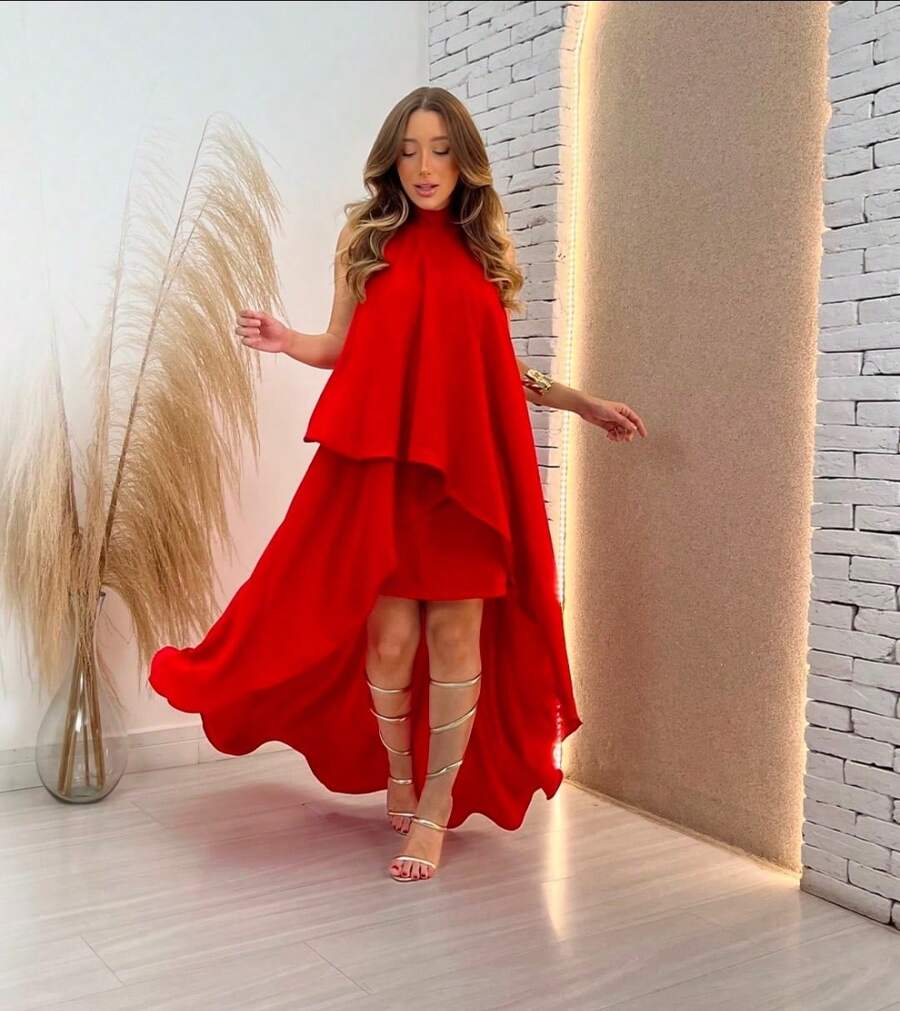 Elegant Boho Long Dress Short Front Long Train Bare Back Wedding Party Graduation - Red - View 1