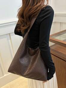 时尚女士新月形编织单肩包，PU 皮革斜挎包，带零钱包