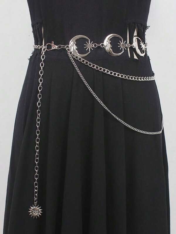 1pc Women Punk Style Multi-Layer Moon Pendant Waist Chain, Daily Matching Dress And Jeans Summer, School