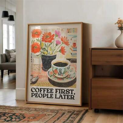 1 Stück Vintage "Kaffee vor Menschen" Leinwandkunst - Farbenfroher Blumen- und Kaffeetassen-Muster, ideal für Küche und Wohnzimmer Dekoration, perfektes Geschenk für Kaffeeliebhaber, optional gerahmte Wandkunst