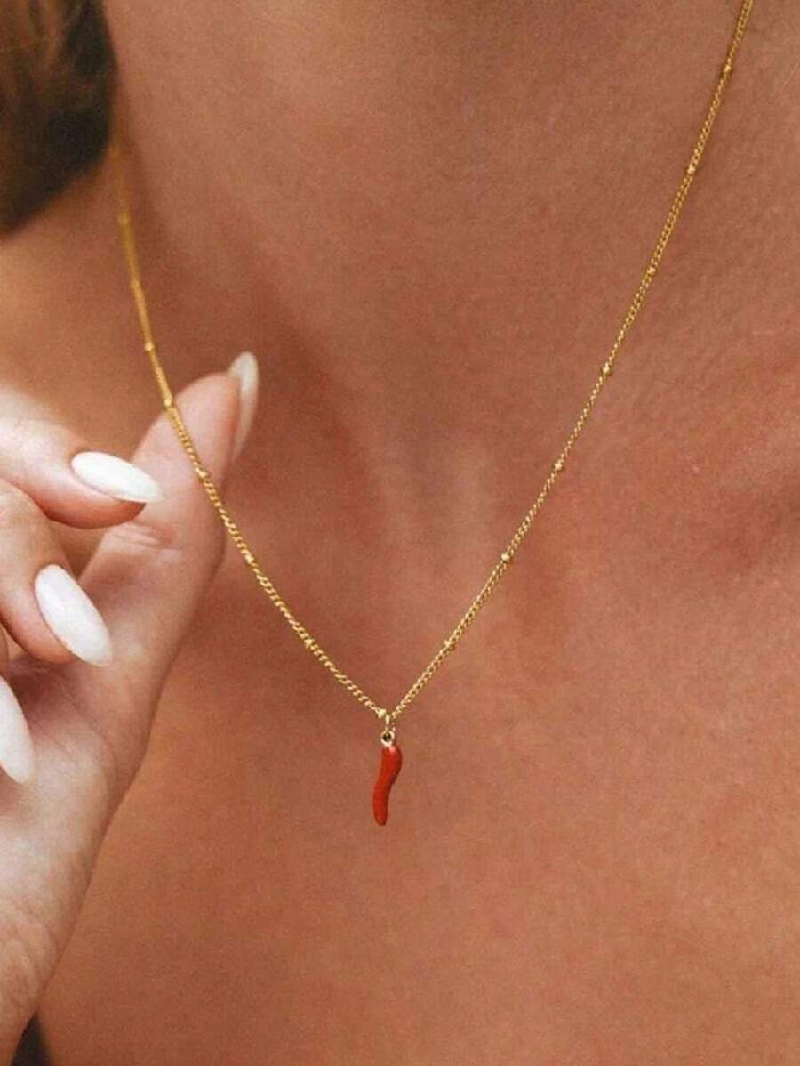 1 pieza Collar de mujer con baño de oro de 18K, cadena de cuentas de acero inoxidable con colgante de chile rojo, adecuado para uso diario y bodas, regalo
