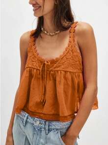 Women Boho Flowy Babydoll Cami Tank Tops Y2K Fairy Lace Trim Spaghetti Strap Tie Front Loose Camisole Crop Tops Summer Backless Sleeveless Vests Shirts Cute Going Out Tops Beach Vacation Streetwear Aesthetic Clothes - 珊瑚橙 - 查看 1