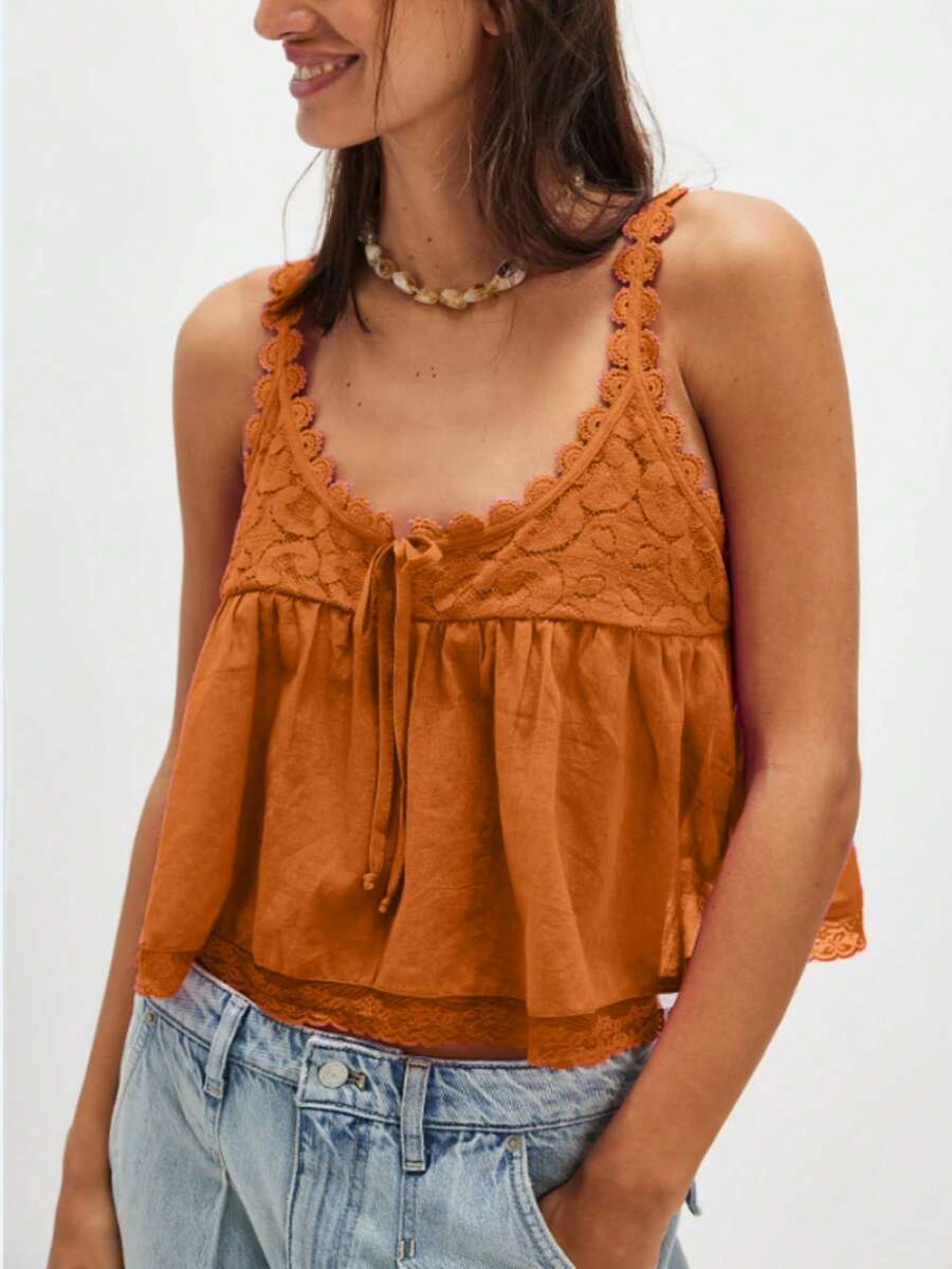 Women Boho Flowy Babydoll Cami Tank Tops Y2K Fairy Lace Trim Spaghetti Strap Tie Front Loose Camisole Crop Tops Summer Backless Sleeveless Vests Shirts Cute Going Out Tops Beach Vacation Streetwear Aesthetic Clothes - 珊瑚橙 - 查看 1