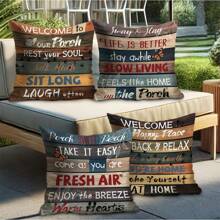 4pcs, Brown Blue Wood Text Outdoor Throw Pillow Covers Farmhouse Decorative Pillowcases One Sided Printing For Balcony Garden Patio Furniture Tent Swing Deep Seat Sofa Decor Without Pillow Inserts, Polyester, 16x16 18x18 20x20 Inches