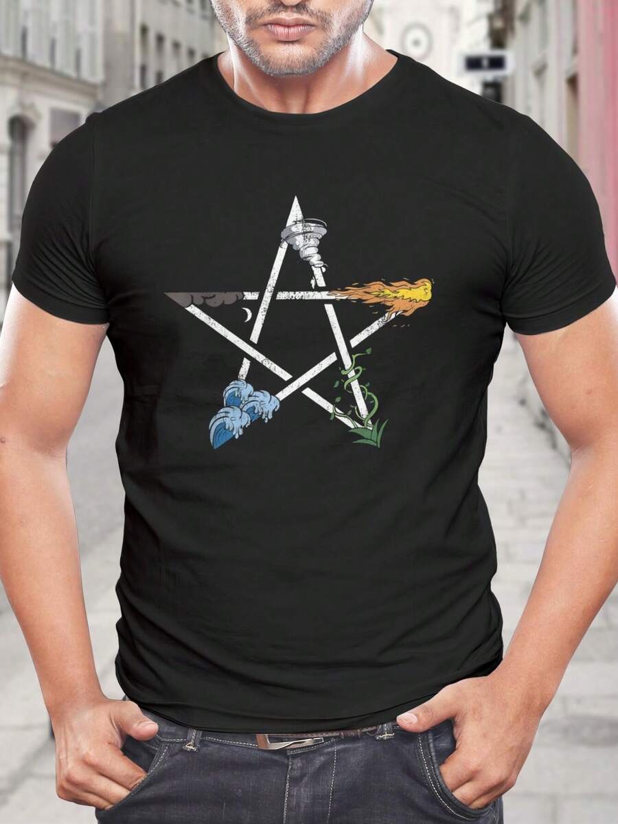 Camiseta Wicca Pentáculo Cinco Elementos - Tierra Aire Fuego Agua Espíritu Pagano Bruja | Camiseta Gótica Símbolo Oculto para Hombres Mujeres | Ropa Wicca | Ropa de Brujería | Regalos para Marido - Negro - Ver 1