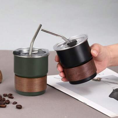 300毫升不锈钢咖啡杯带盖和吸管，可重复使用，高品质，适合户外露营、办公室或回学校礼物