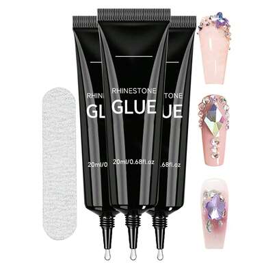 Bộ 3 lọ keo dán đá trang trí móng tay siêu chắc 20ml, thích hợp để trang trí móng, tạo hiệu ứng gel 3D bóng, móng nghệ thuật đính đá, móng kim cương, cần dùng đèn UV/LED để làm khô, quà tặng làm đẹp.