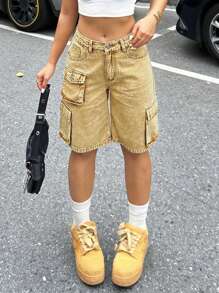 Shorts in denim lavato a vita alta, casual, a gamba larga, da donna