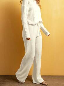 女式夏季纹理抽绳高腰休闲裤 - 米色 - 查看 6