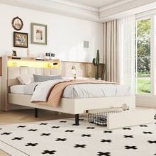 Upholstered Bed 90x200 Cm, Flat Bed With LED Warm Light, USB Socket, And Fold-Out Headboard, Single Bed With Storage Compartment, Drawers And Storage Space, Cotton Linen, Suitable For Teenagers' Rooms And Bedrooms