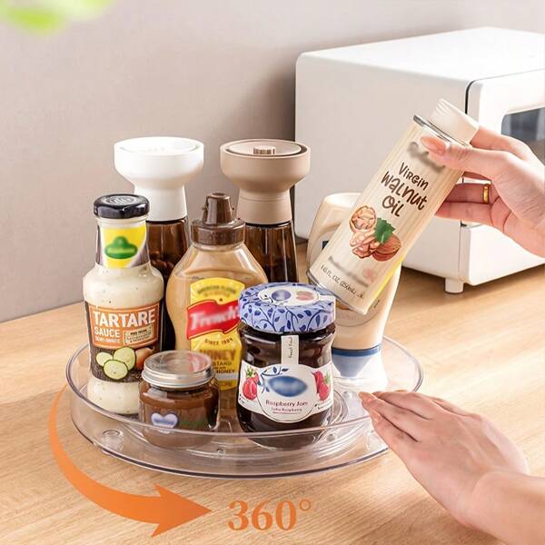 360° 旋转 Lazy Susan 转盘收纳架，适用于冰箱和厨房台面 - 防滑，透明塑料调料架和调味品、罐子和瓶子的储物托盘，食品储藏室收纳|光滑旋转托盘|塑料，厨房搁架收纳架