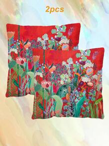 2pcs Red Graffiti Floral Decorative Pillow Case/Cushion Cover, Square Letter Print Pillow Sham Without Filling, Cute Throw Pillow Covers For Sofa, Living Room