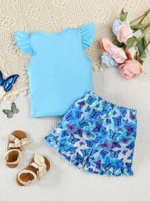 2pcs Toddler Kids Summer Casual Cute Butterfly Print Round Neck Tank Top + Shorts Set