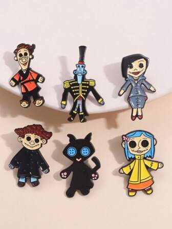 6pcs Plush Toy With Button Eyes, Enamel Brooch, Customized Lapel Pin, Gothic Character Cartoon Jewelry, Children Friend Gift