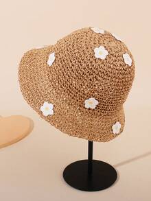 1 件装女孩夏季沙滩遮阳帽，草编宽边度假遮阳帽 - 卡其色 - 查看 2