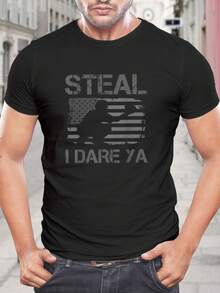 ¡Atrévete a robar! Camiseta de voleibol con bandera estadounidense - Divertida camiseta informal de verano para hombre, patriótica de EE. UU., de algodón - Negro - Ver 1