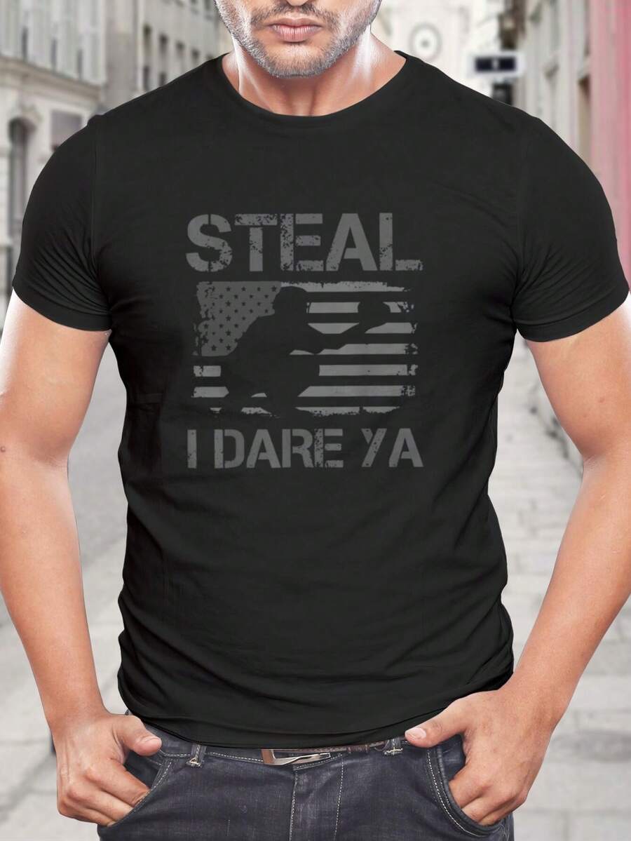 ¡Atrévete a robar! Camiseta de voleibol con bandera estadounidense - Divertida camiseta informal de verano para hombre, patriótica de EE. UU., de algodón - Negro - Ver 1