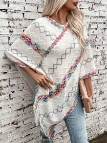 1pc Women Rhombus Pattern Tassel Knitted Poncho Shawl, Warm & Fashionable Casual For Daily Wear