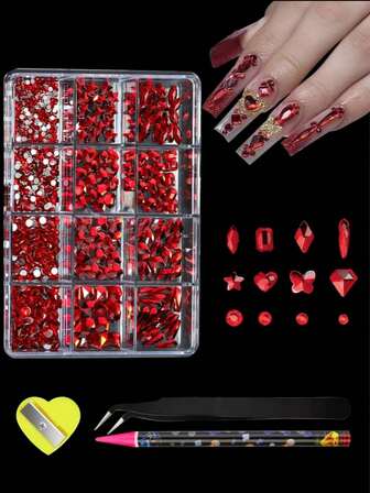 12 st/ask röda flerformade kristallglasstrasstenar med platt botten, 3D dekorativa strass lämpliga för gör-det-själv-pyssel och nagelkonst - dekorativa pärlor, strass