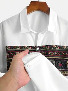 Pattern Print Patchwork Breathable Comfortable Turndown Collar Button Front Design Short Sleeve Shirt, Fashion Men's Must-Have, Suitable For Street Style, Beach Vacation, Summer New Arrival - White - View 2