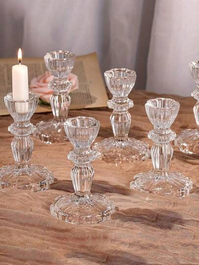 1 件欧式简约透明水晶玻璃烛台，条纹长杆锥形家居装饰烛台摆件，造型多样，适用于家居、酒店、婚礼、烛光晚餐等餐桌桌面装饰