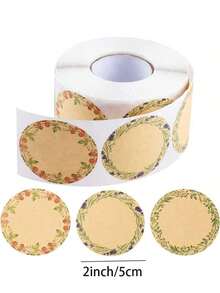 每捲500個2in/5cm牛皮紙貼紙，圓形花環圖案貼紙，可用於標籤、食品儲存標籤、禮品袋密封貼紙