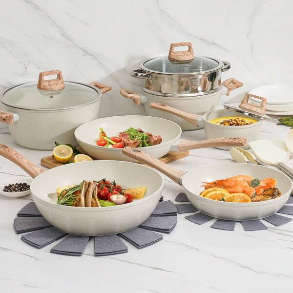 12pcs/13pcs/17pcs Pots And Pans Set Non Stick Kitchen Cookware Sets Induction Cookware Nonstick Granite Cooking Set With Frying Pans, Saucepans, Steamer Silicone Shovel Spoon & Tongs (Black)Nonstick Pots Aluminium,Frying Pan, Stew Pot, Frying Pan, Non-Stick Pan, Soup Pot, And Various Cooking Methods,Essential For The Kitchen, Practical Kitchen Tools, Essential For The Family