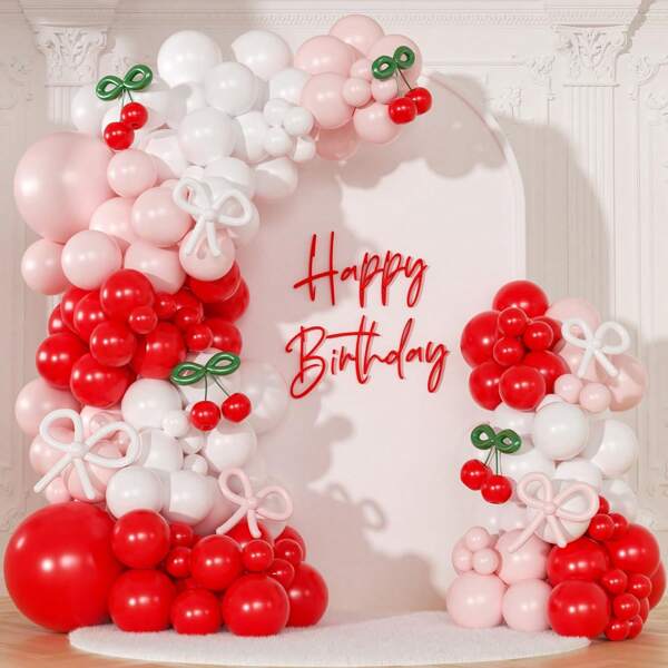 Pink And Red Cherry Balloon Garland Arch Kit,115pcs Coquette Bow Light Pink Red White Balloons For Birthday BabyShower Wedding Bridal Shower Party Decorations