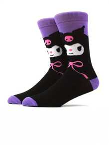 Sanrio 2 Pairs Sanrio Cartoon Anime Character Socks, For Hello Kitty & For Kuromi, 92% Polyester 8% Spandex, 600g/M² Knit Fabric, Comfortable Breathable Elastic, Machine Washable, Perfect For Gifts & Daily Wear