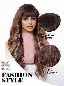 24 Inch Long Wavy Wigs With Bangs Brown Mixed Blonde Wigs For Women Brown Ombre Hair With Blonde Wigs,Heat-Resistant Synthetic Wigs For Daily Party Cosplay Wigs - 彩色 - 查看 8