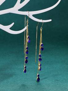 1 Pair Fashion Rhinestone Water Drop Long Tassel Ear Chain Earrings, Versatile Personalized Design For Women - Multicolor - View 6